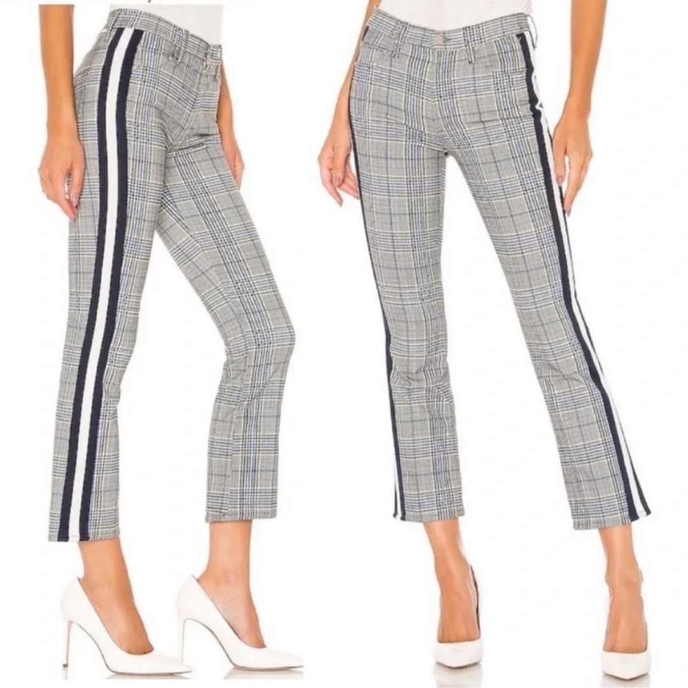 MOTHER The Insider Ankle Houndstooth Pants 25 side stripe jeans gray blue plaid‎